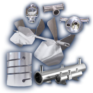 collection of electropolished items including a impeller, diaphragm valve block, fittings, filter housing base